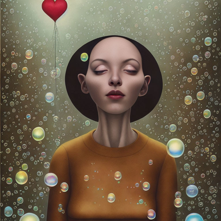 Serene woman surrounded by bubbles and heart balloon