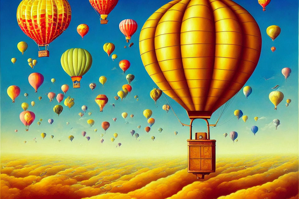 Vibrant hot air balloons float in sunny sky with fluffy clouds