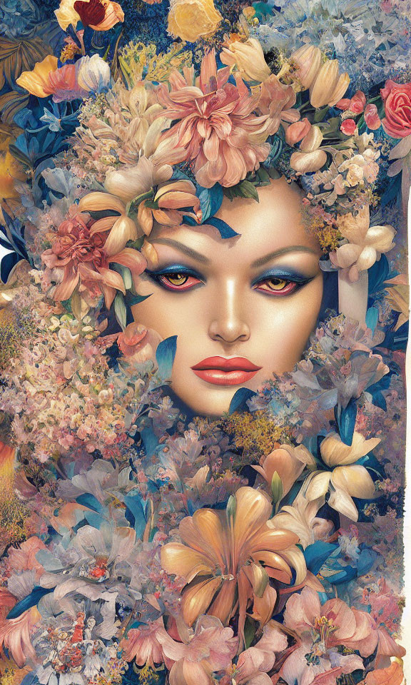 Colorful Flower Adorned Woman's Face Illustration