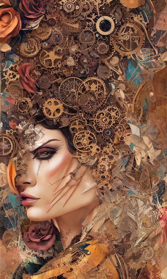 Surreal portrait of woman with mechanical gears and floral motifs