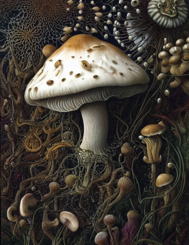 Detailed Illustration of Various Mushrooms with Earthy Roots