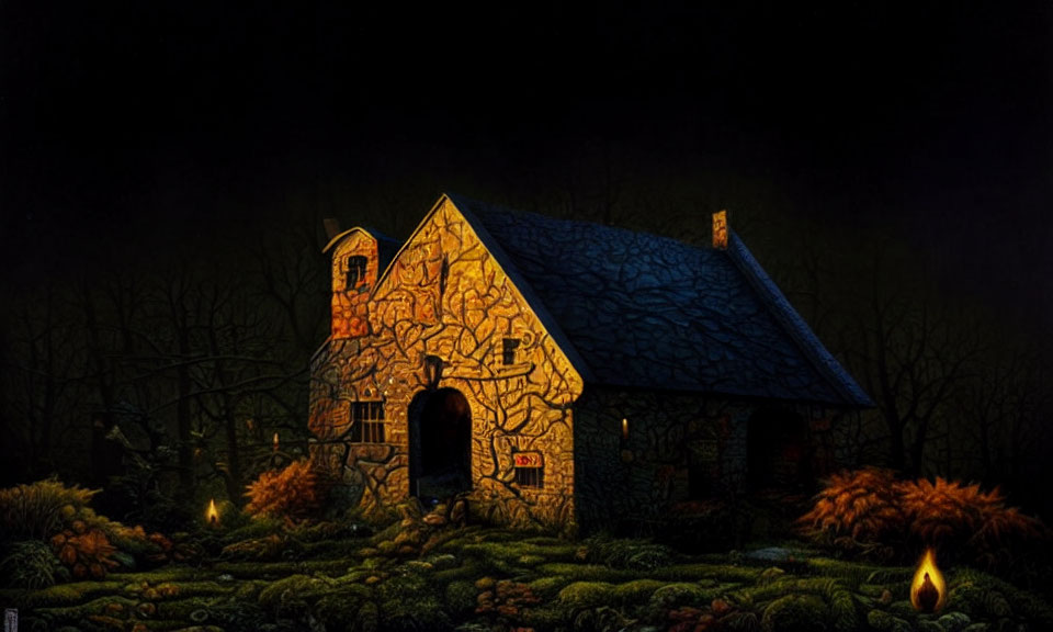 Stone cottage with blue roof illuminated at night in dark forest
