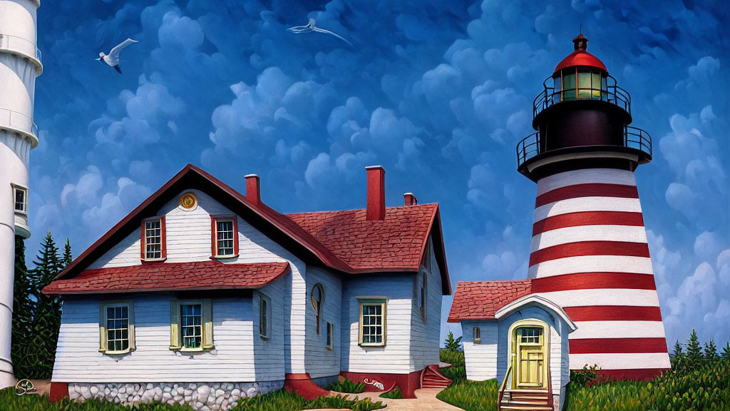 Scenic red and white lighthouse by white house with red roof under blue sky