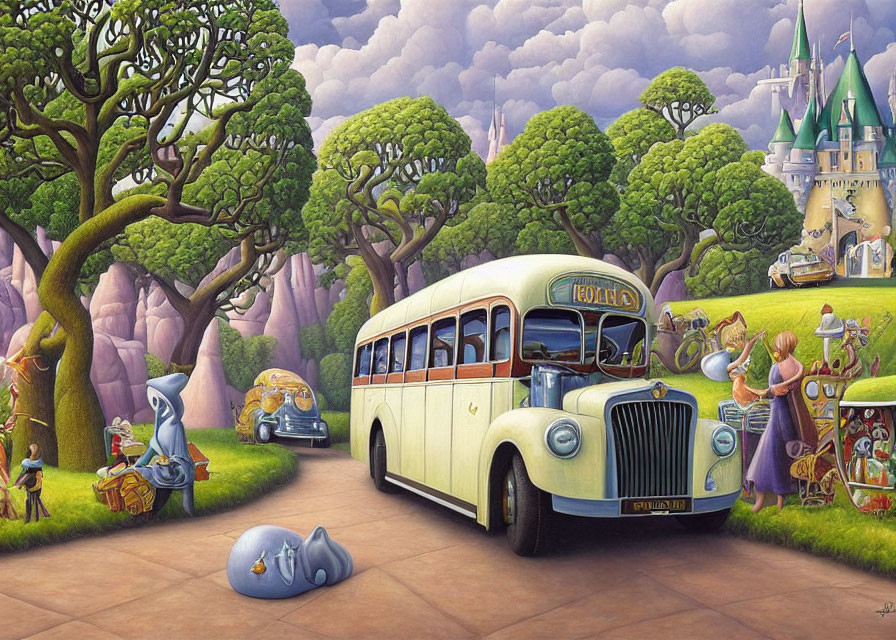Colorful vintage bus in whimsical Toonland scene with animated characters and castle