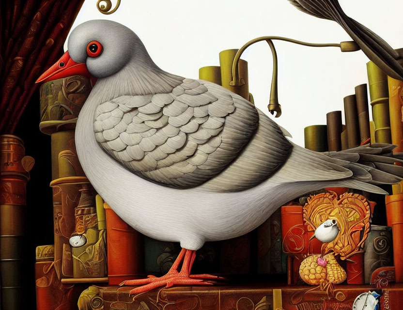 Pigeon perched amidst books, clocks, and heart-shaped artifacts