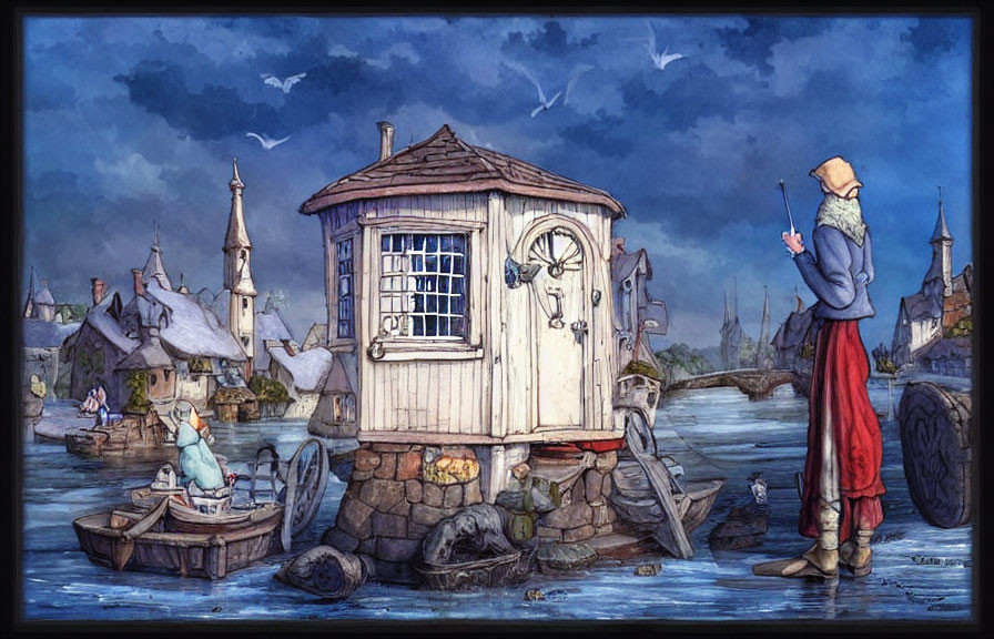 Illustration of fisherman, child in boat, village backdrop, twilight sky