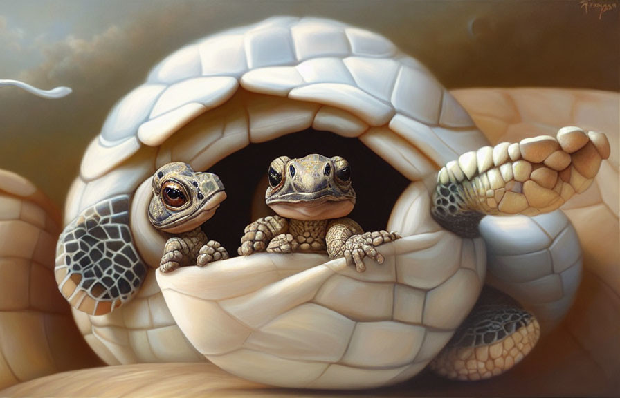 Animated tortoises in soccer ball shell with waving gesture and whimsical vibe.