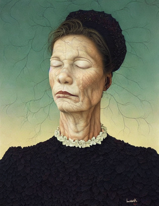 Detailed painting of elderly lady with closed eyes, beaded hat, textured outfit, and white necklace