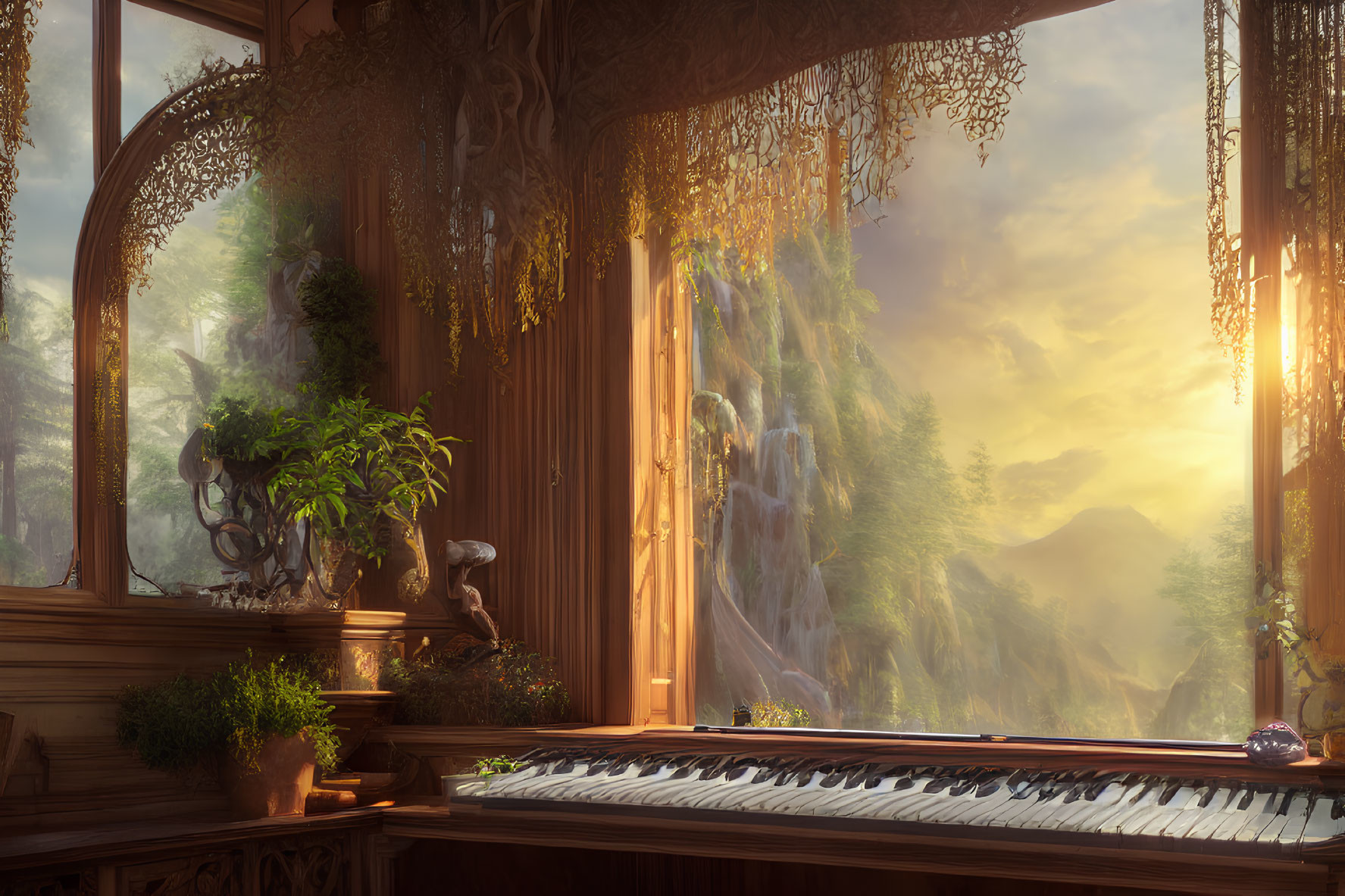 Luxurious Room with Grand Piano and Scenic View