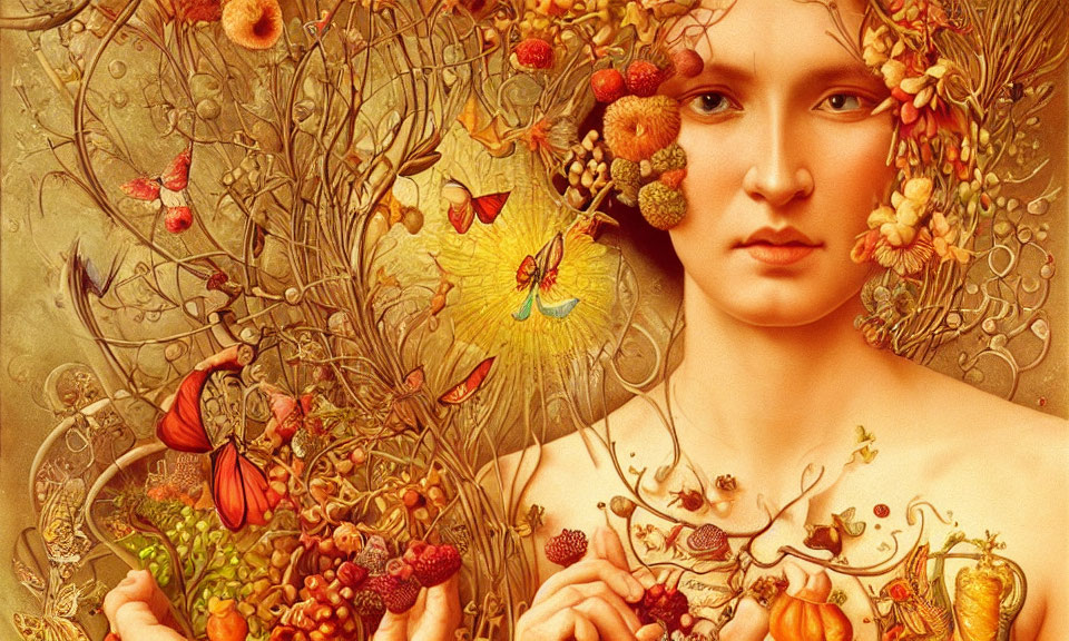 Person intertwined with nature in autumnal colors, fruits, flowers, and butterflies