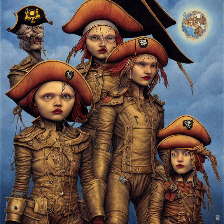 Four Stylized Female Pirates in Brown Leather Outfits and Tricorn Hats