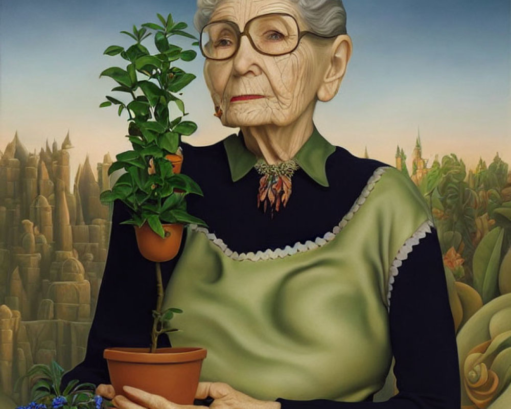 Elderly woman with glasses holding potted plant and blue flowers in surreal setting