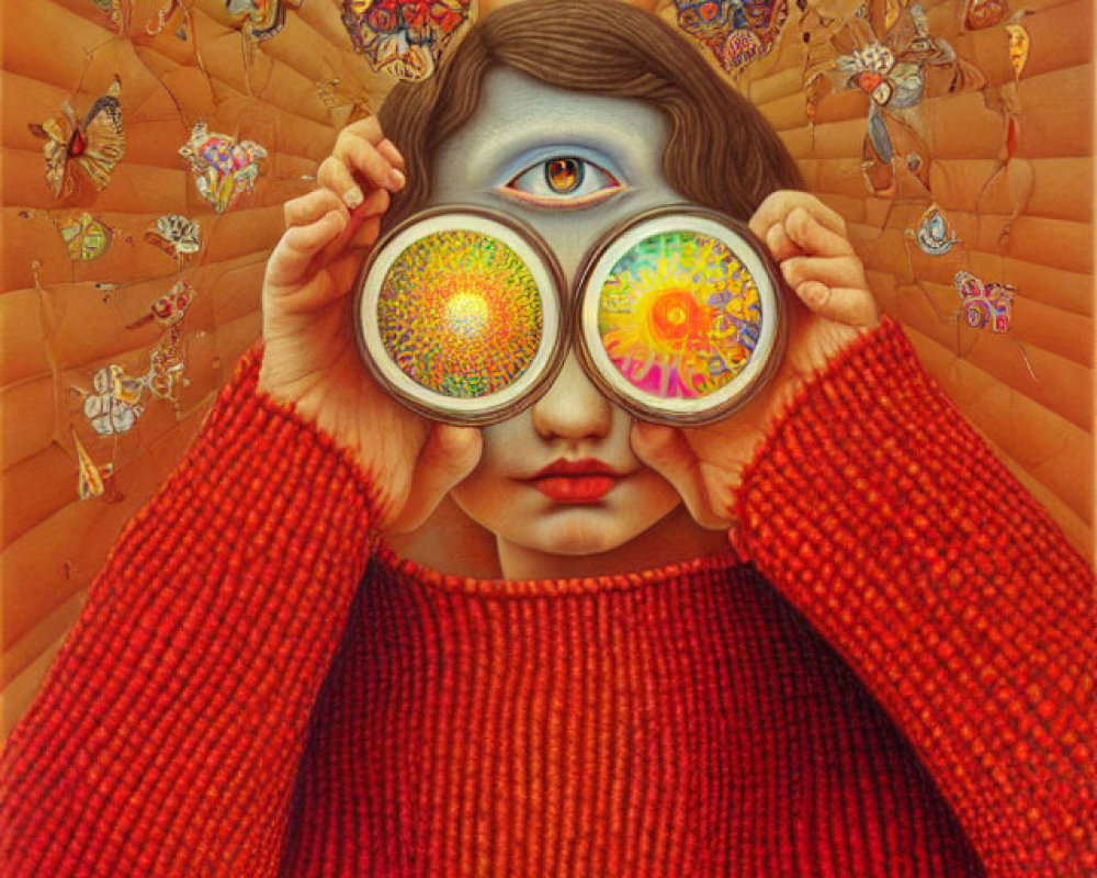 Surreal artwork: Person with patterned eyes, binoculars, third eye, mouth,