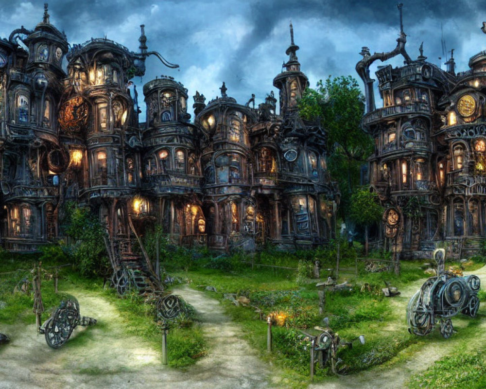 Eerie mansion at dusk with ornate towers and whimsical vehicles