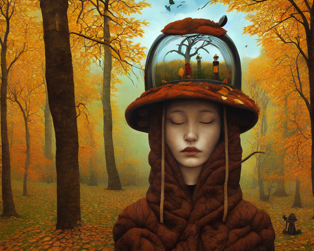 Surreal artwork: Person in brown puffy jacket with autumn forest under glass dome