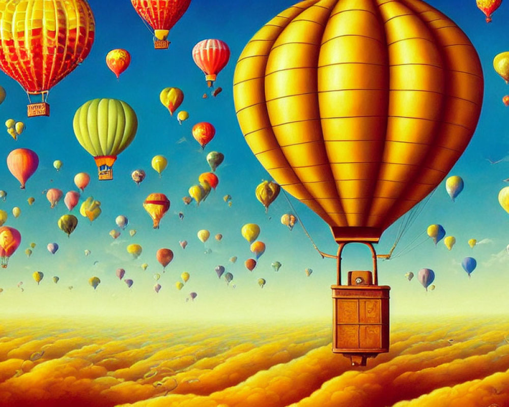 Vibrant hot air balloons float in sunny sky with fluffy clouds