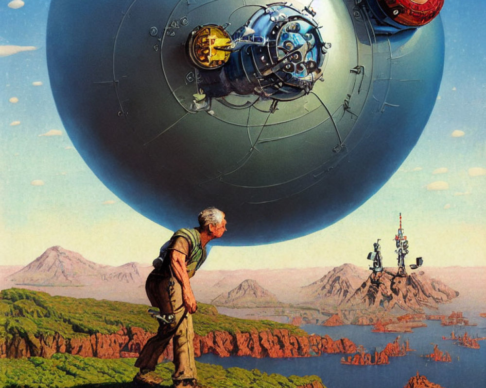 Fantastical landscape with floating mechanical spheres and contraptions