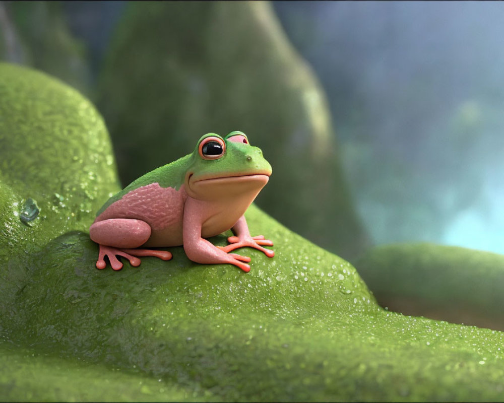 Pink and Green 3D Animated Frog on Dewy Leaf in Misty Setting