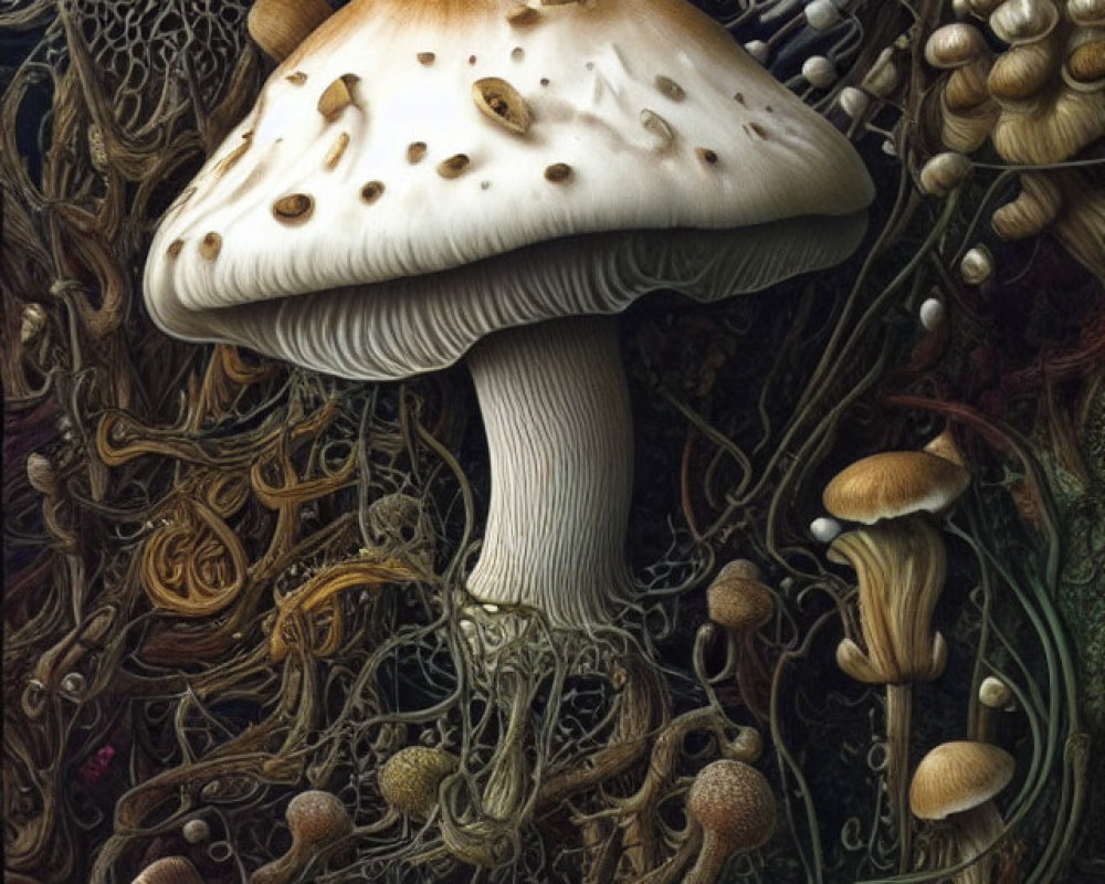 Detailed Illustration of Various Mushrooms with Earthy Roots