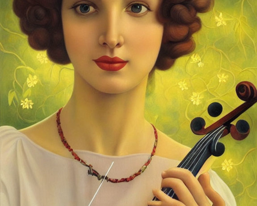 Portrait of Woman with Curled Brown Hair Holding Violin on Yellow Floral Background
