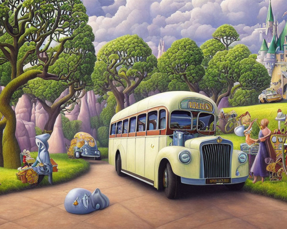Colorful vintage bus in whimsical Toonland scene with animated characters and castle