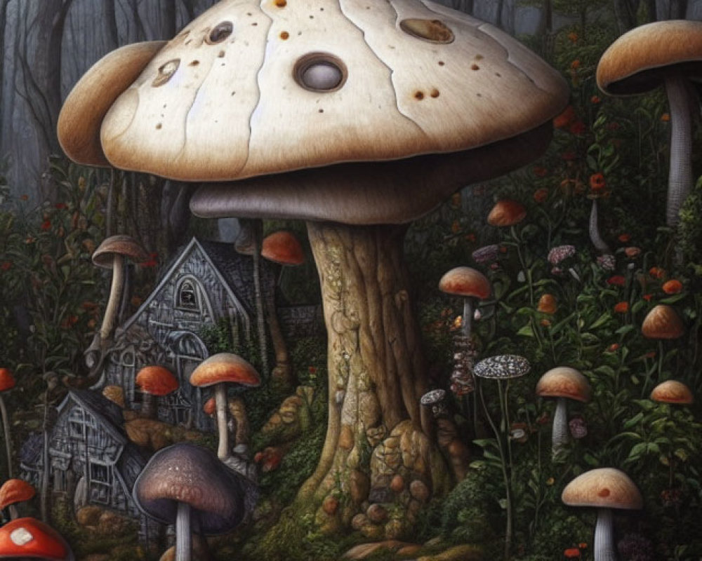 Fantasy forest illustration with mushroom houses and giant fungi