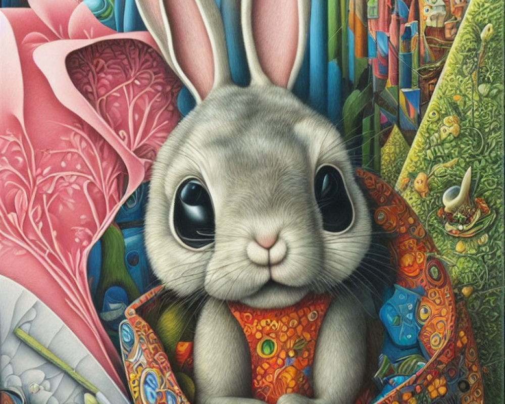 Detailed painting of realistic rabbit peeking from colorful blanket