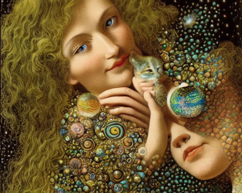 Surrealist artwork with figures, cats, orbs, and stars