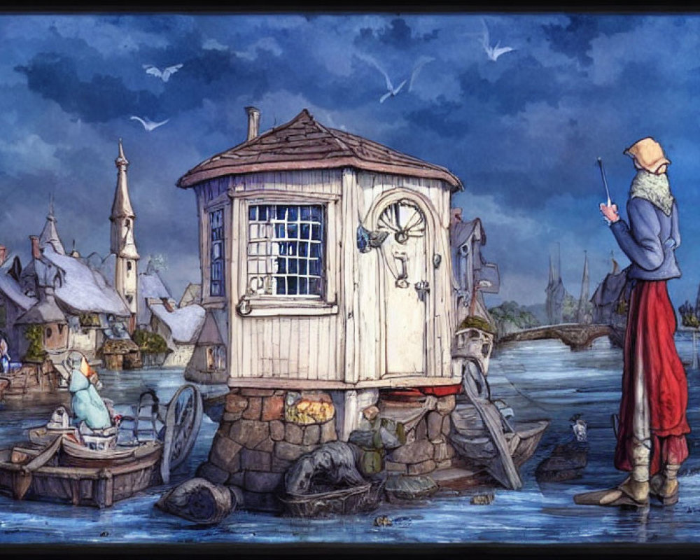 Illustration of fisherman, child in boat, village backdrop, twilight sky