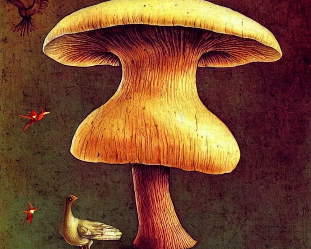 Whimsical oversized mushroom with bird and smaller mushrooms on dark background