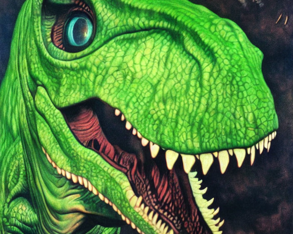 Colorful Dinosaur Painting with Velociraptor-Like Creature and Other Dinosaurs