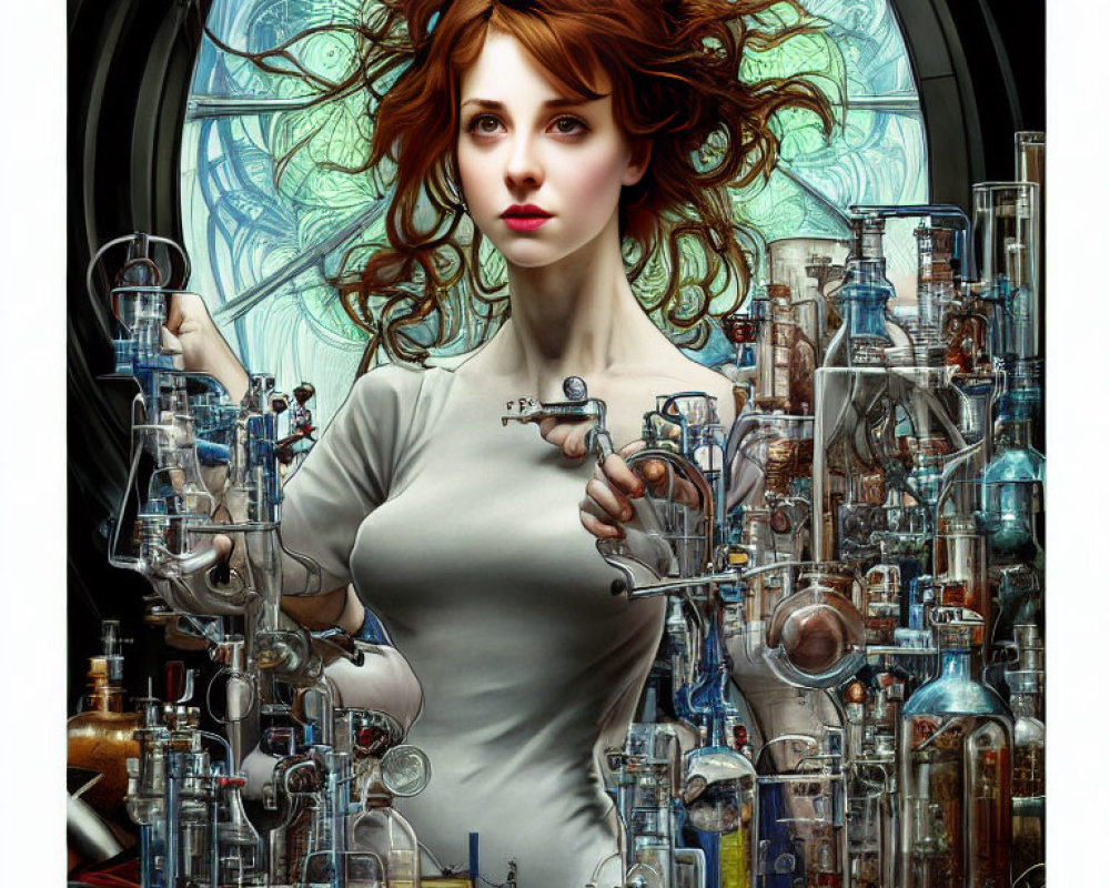 Woman with flowing hair surrounded by glass lab equipment and intricate window design