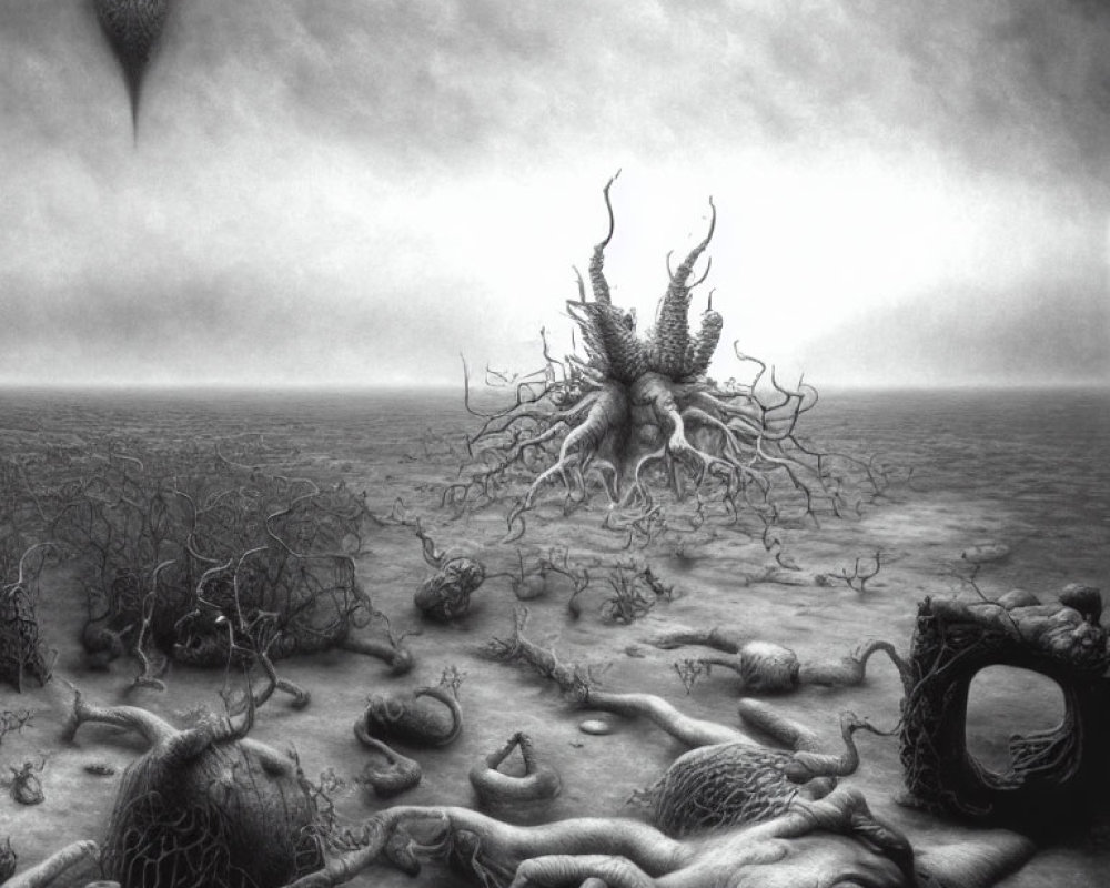 Monochrome surreal drawing of alien landscape with root structures