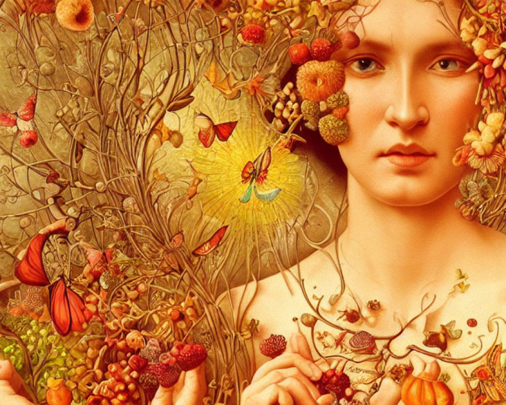 Person intertwined with nature in autumnal colors, fruits, flowers, and butterflies