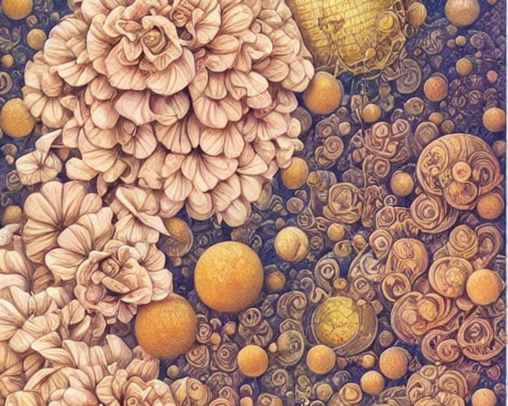 Detailed floral and sphere patterns in retro style artwork.