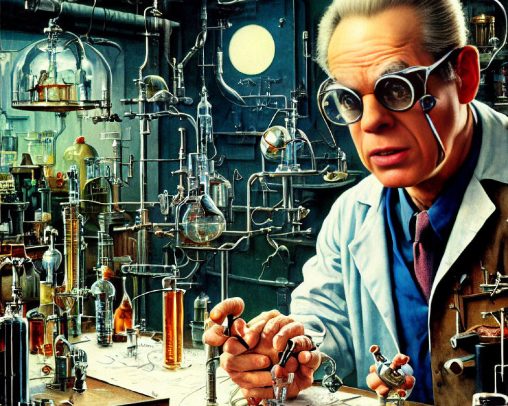 Scientist in cluttered lab with large glasses and pen