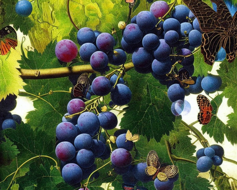 Colorful butterflies flutter around ripe purple grapes on the vine
