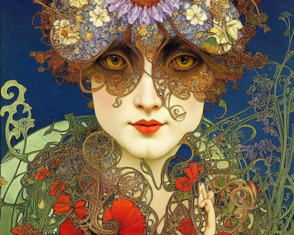Art Nouveau Style Illustration of Woman with Floral Headdress and Mask-like Face