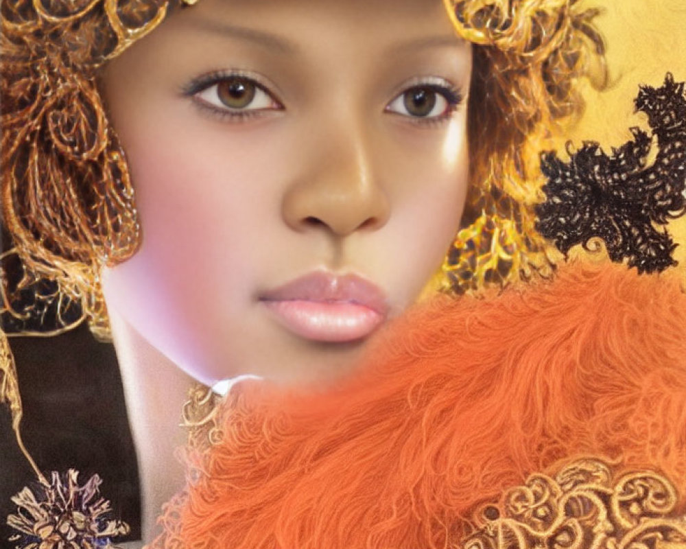 Woman in Golden Headdress with Black Lace and Orange Boa