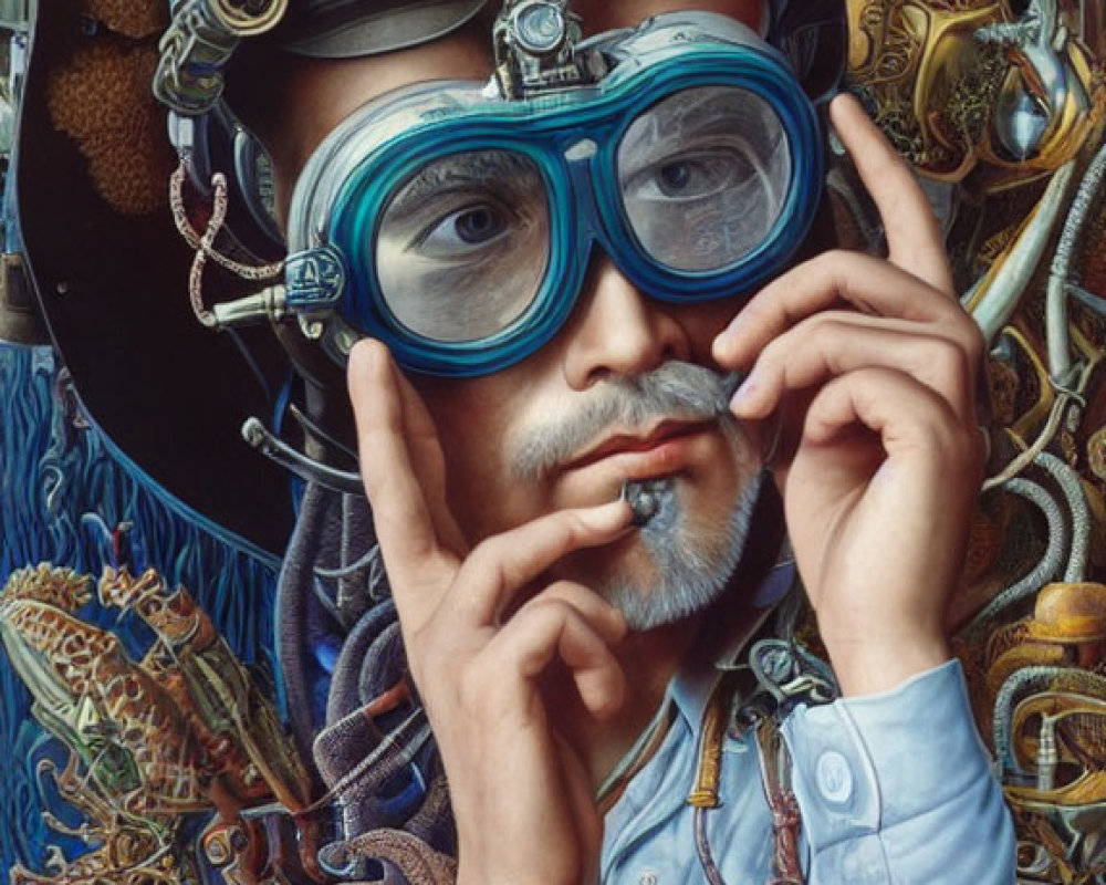 Person with Mustache in Blue Goggles Surrounded by Steampunk Machinery