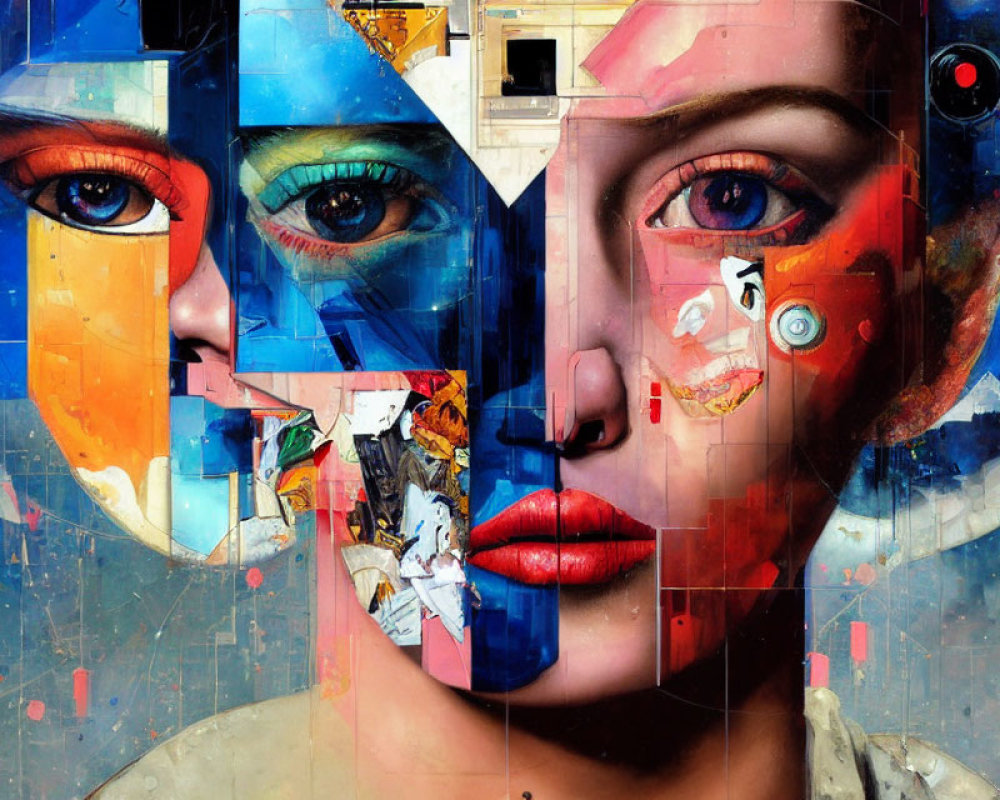 Colorful surreal portrait with multiple eyes and abstract background