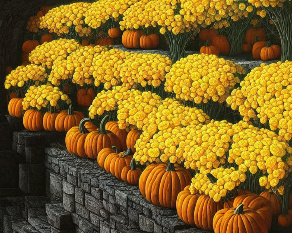 Colorful Pumpkins and Marigolds on Stone Steps: Autumnal Illustration