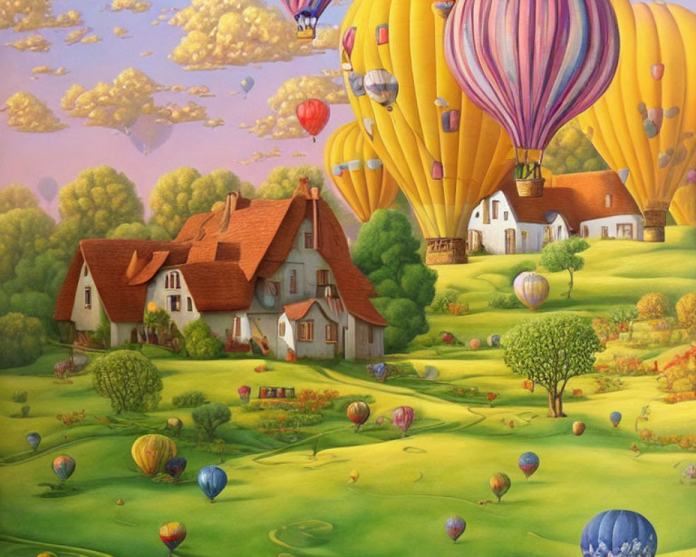 Colorful hot air balloons over rolling green hills with houses and trees