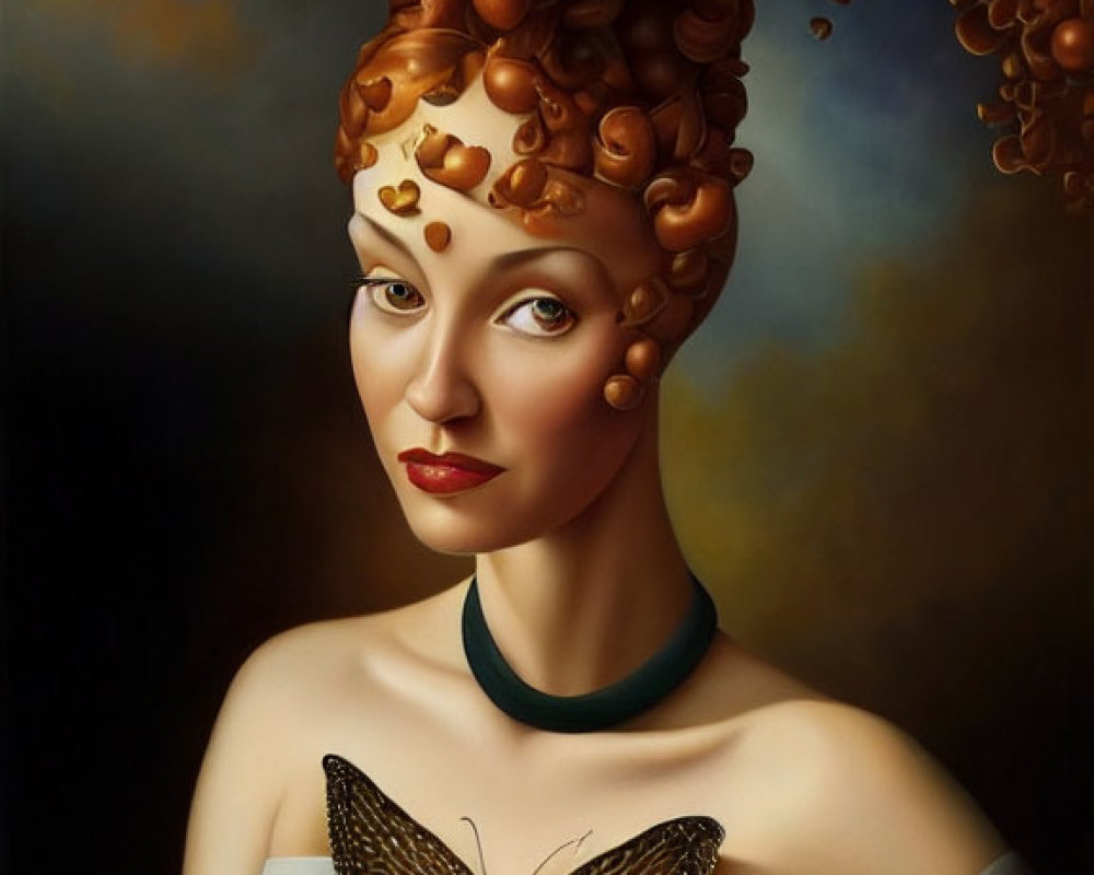 Surreal portrait of woman with grape hairdo and butterfly on shoulder