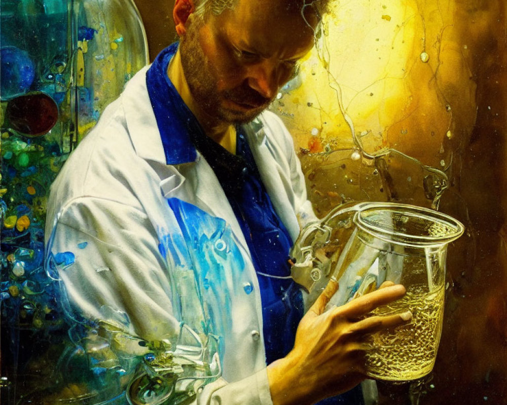 Scientist in lab coat examines bubbling beaker with vibrant chemical reactions