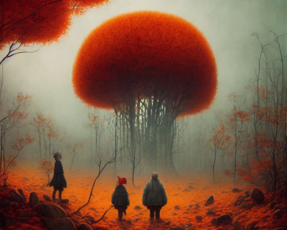 Three Figures in Vintage Clothing in Misty Autumn Forest with Dome-Shaped Tree