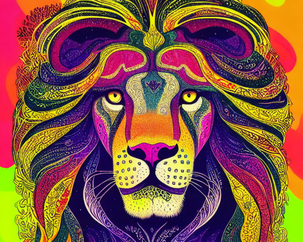 Colorful Psychedelic Lion Illustration with Rainbow Background