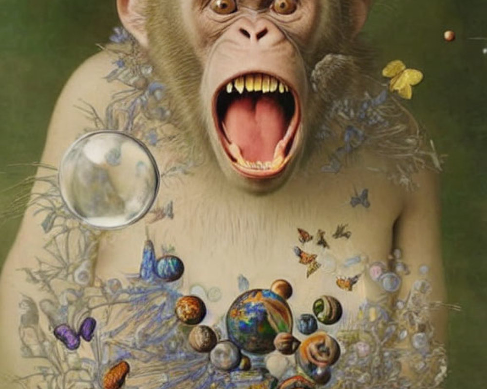 Detailed surreal artwork: monkey with open mouth, intricate details, floating bubbles, butterflies.