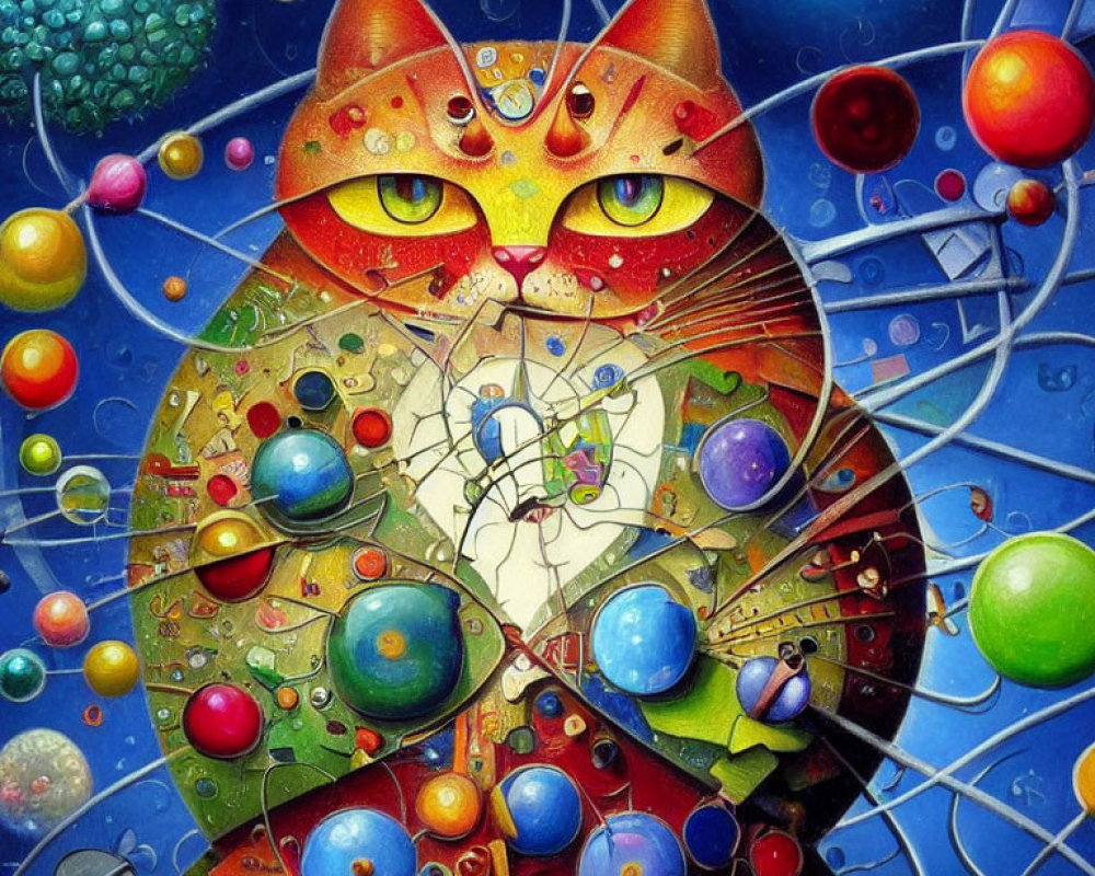 Colorful Segmented Cat Painting with Cosmic Background and Vibrant Orbs