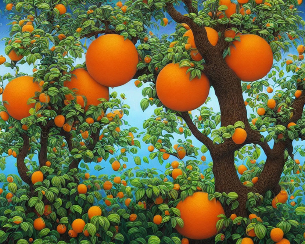 Colorful Orange Tree Illustration with Oversized Oranges in Lush Foliage